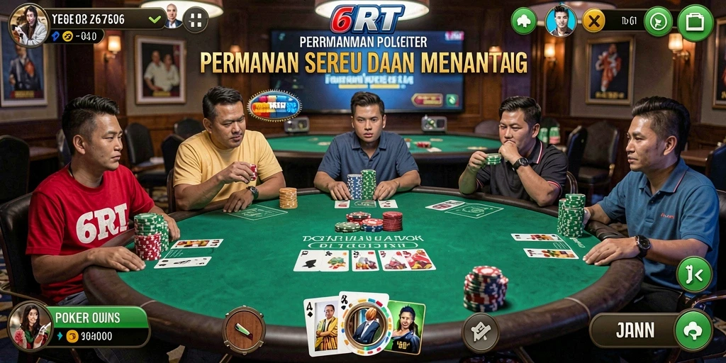 Tampilan screenshot 6RT menunjukkan pemain poker sedang bertaruh di meja virtual.