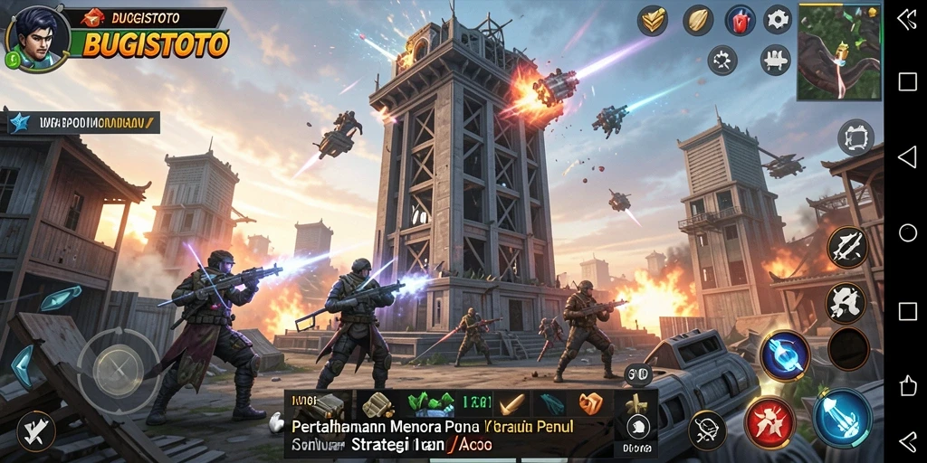 Tangkapan layar gameplay intens di BUGISTOTO dengan menara yang strategis.