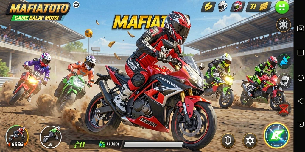 Screenshot utama MAFIATOTO menunjukkan aksi balapan motor yang mendebarkan.