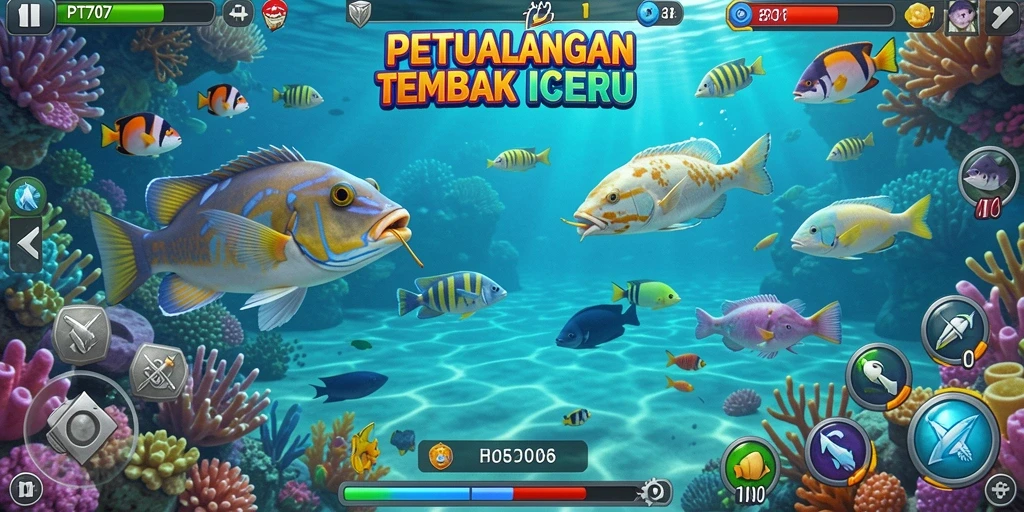 Gameplay PT707 dengan aksi tembak ikan yang seru.