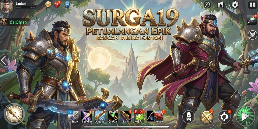 Tangkapan layar utama SURGA19 menunjukkan aksi pertarungan epik dalam dunia RPG.