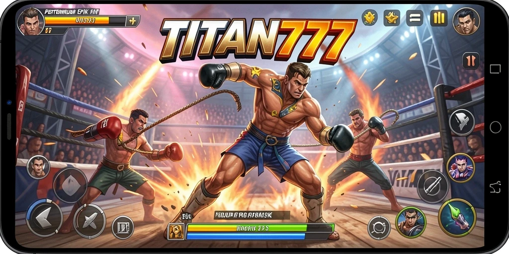 Tampilan pertarungan seru di game TITAN777 dengan berbagai karakter.