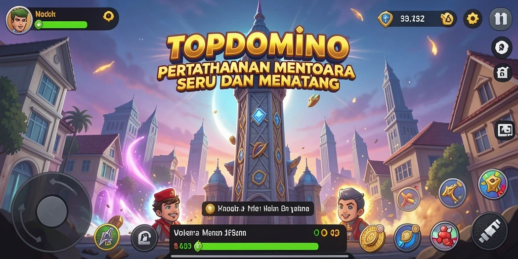 Tampilan gameplay seru dan menarik di TOPDOMINO dengan menara dan musuh.